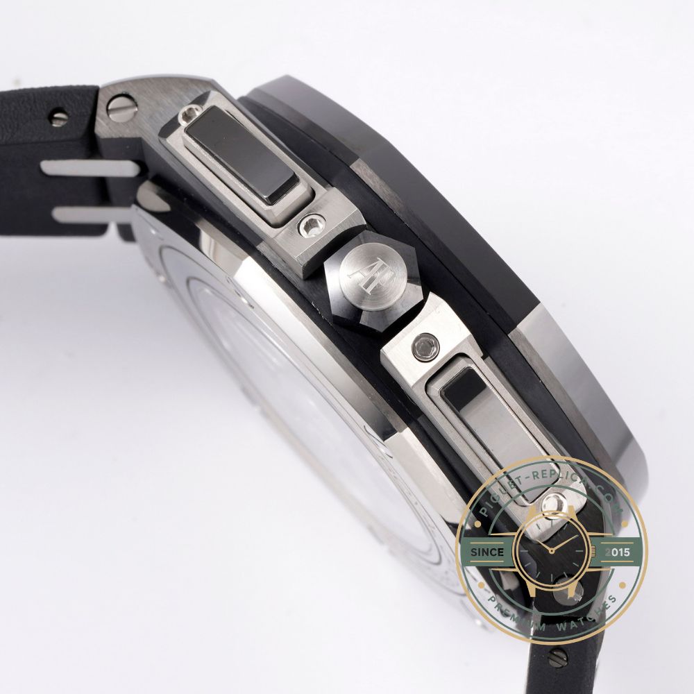 Audemars Piguet Swiss replica style Offshore 26405CE with a dark grey ceramic case and silver dial details