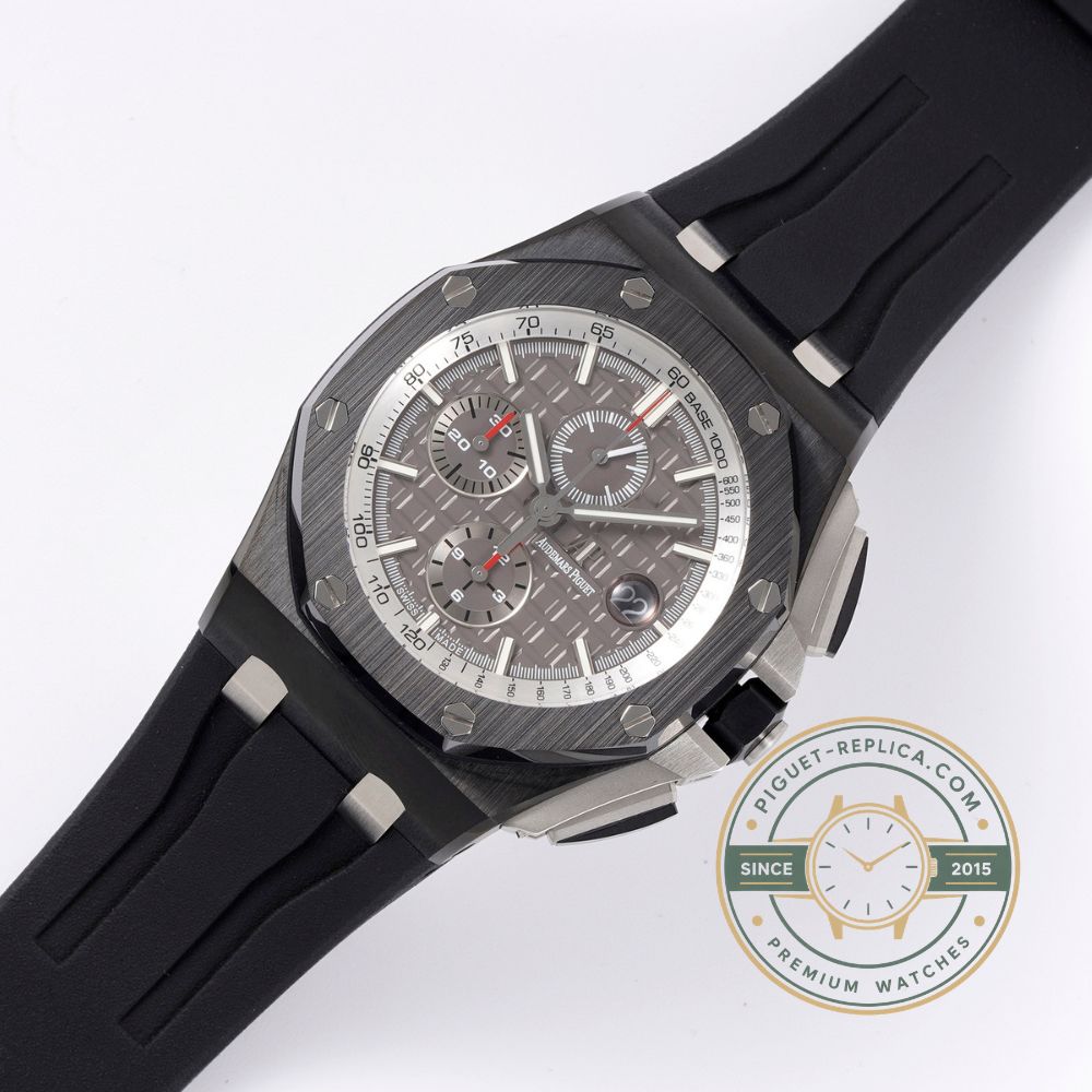 Replica AP watch 26405CE with a dark grey dial, silver markers and grey rubber strap