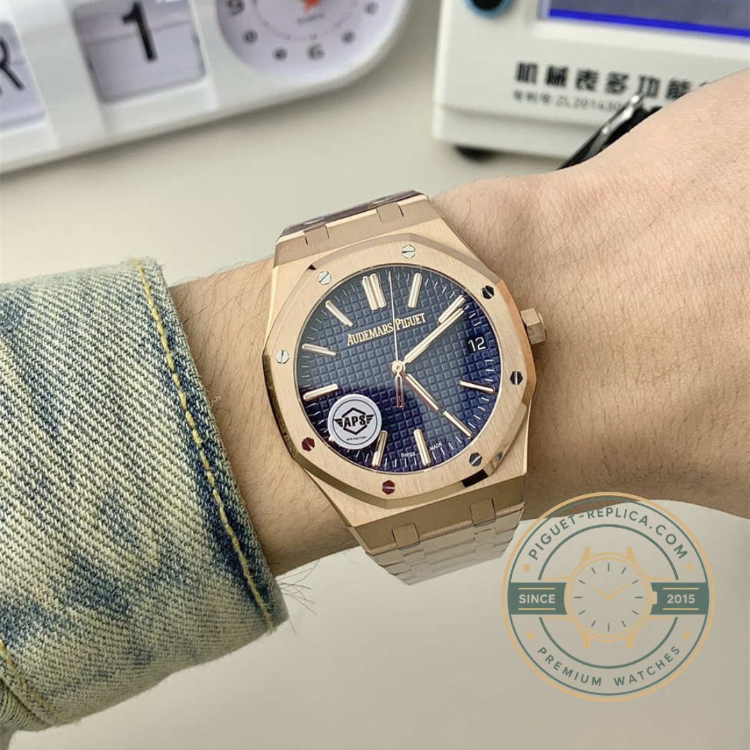 Replica Audemars Piguet 15510OR with leather strap, rose gold folding clasp and blue dial