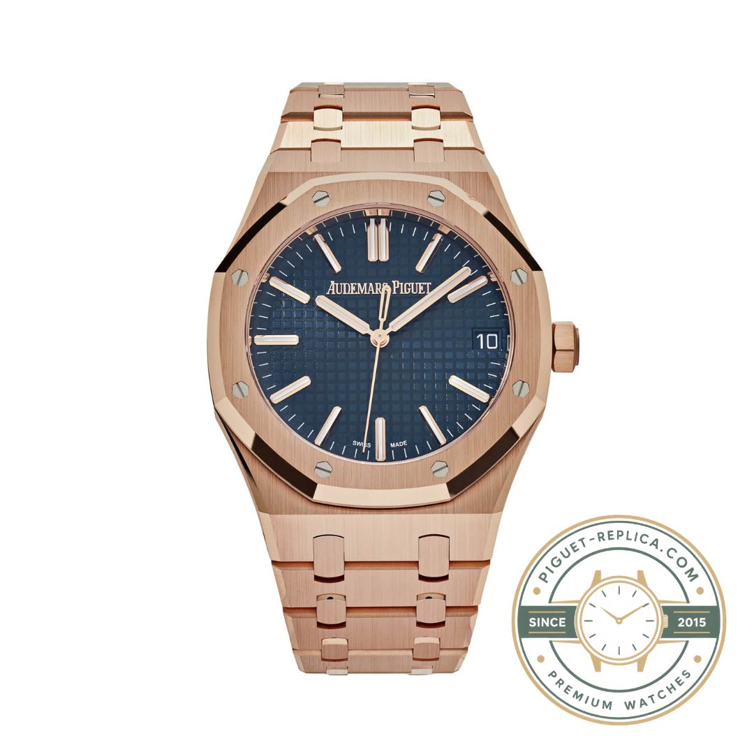 Audemars Piguet replica watch 15510OR with 18K rose gold case and blue dial