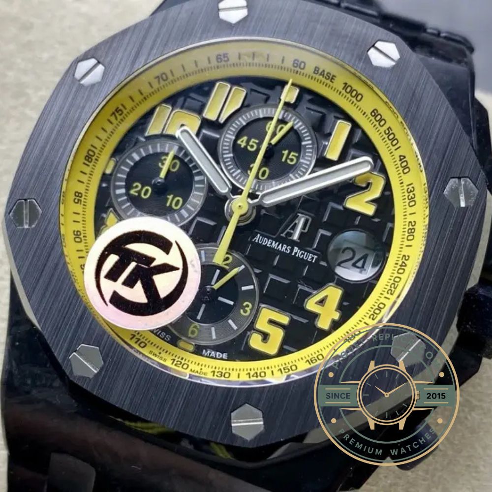Audemars Piguet super clone Offshore watch with 44mm forged carbon construction and yellow leather-accented strap