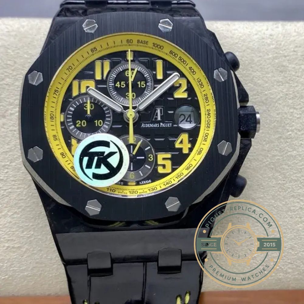 Replica Audemars Piguet Royal Oak Offshore yellow chronograph watch with date display and automatic