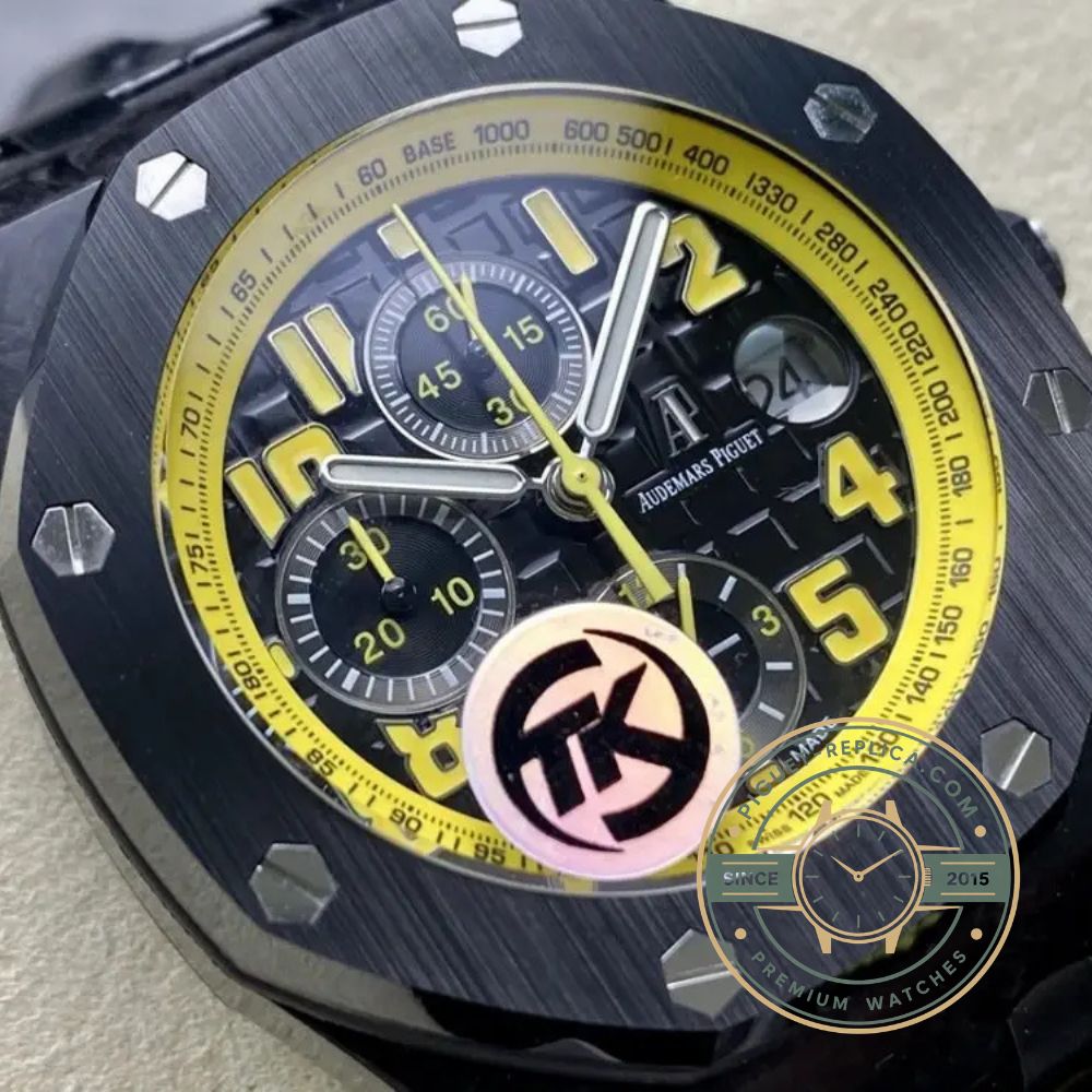 AP watch replica inspired by the Royal Oak Offshore with a yellow dial, black subdials and sapphire crystal