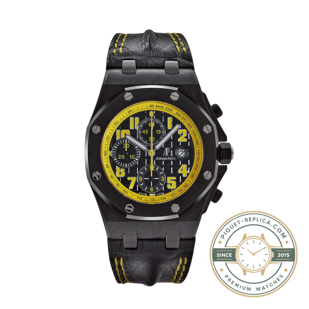 Audemars Piguet replica watch 26176FO with a bold yellow dial, forged carbon case and automatic chronograph