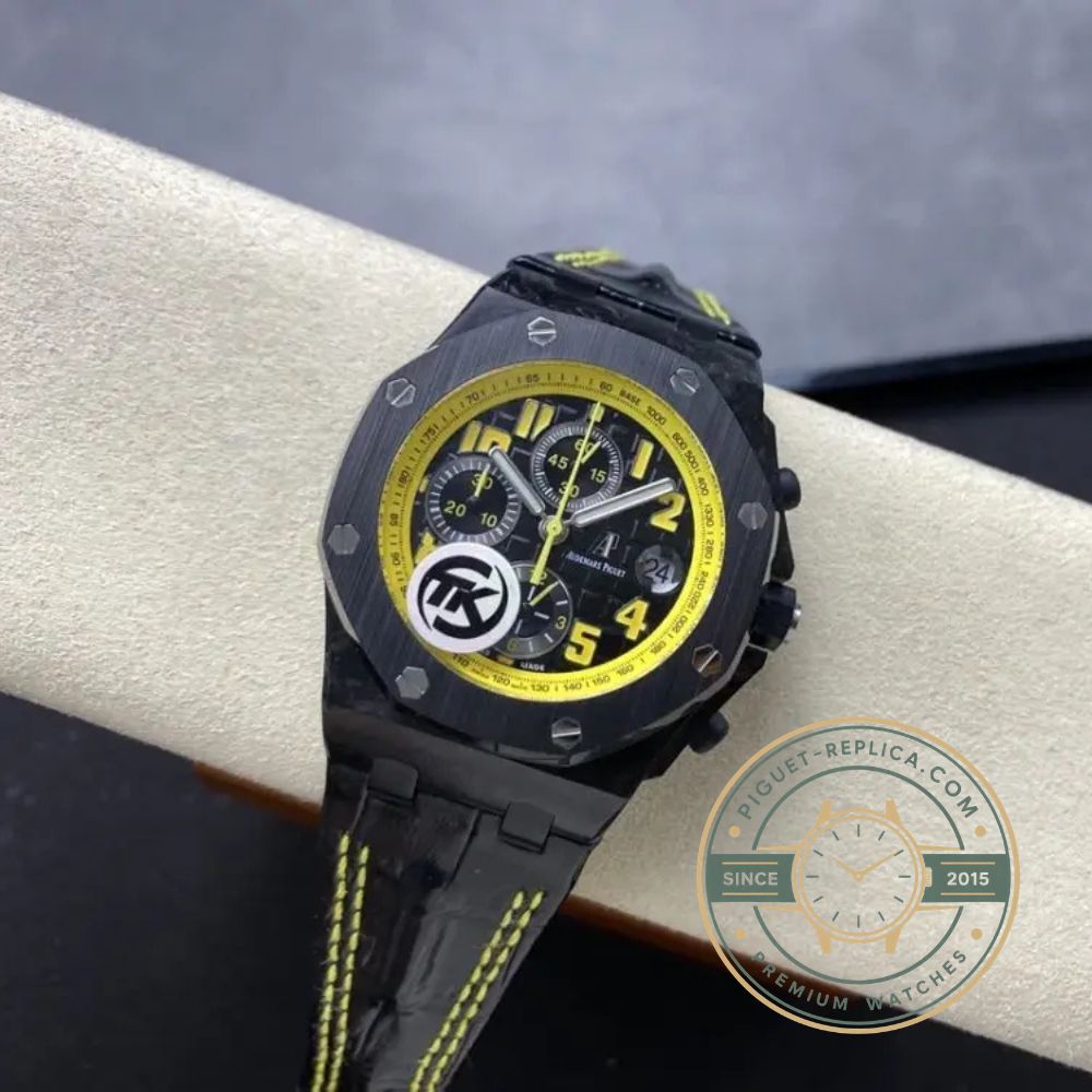 Super clone AP Royal Oak Offshore style watch with yellow dial, black chronograph subdials and forged carbon case