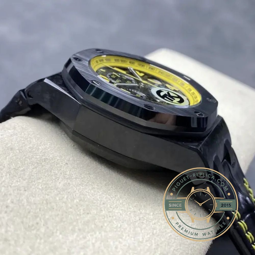 Royal Oak Offshore replica watch featuring a vivid yellow dial, black subdials and forged carbon case