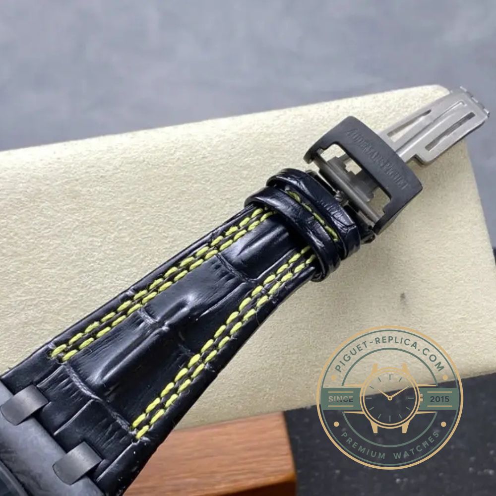 Audemars Piguet Offshore replica with yellow dial, sapphire crystal and leather strap with yellow stitching