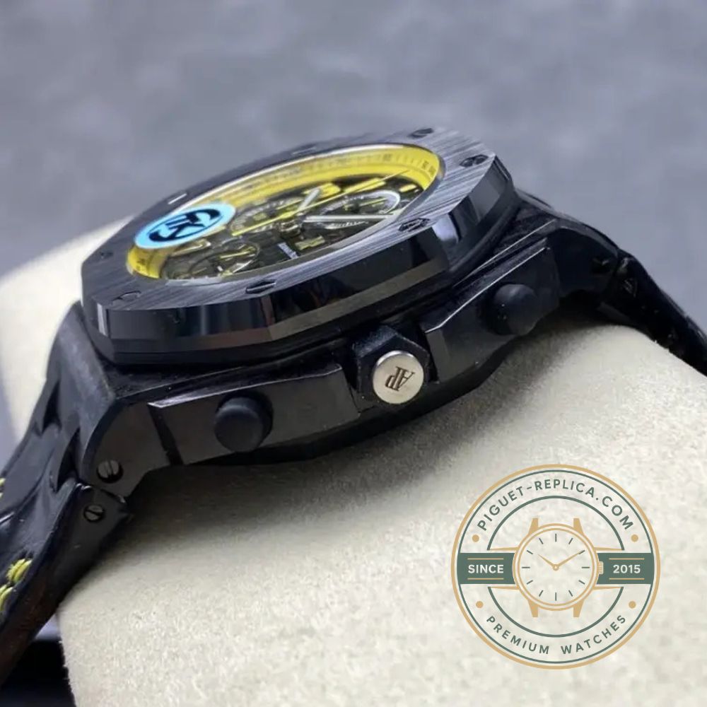 Royal Oak super clone style watch with a 44mm forged carbon case, yellow dial and black chronograph details