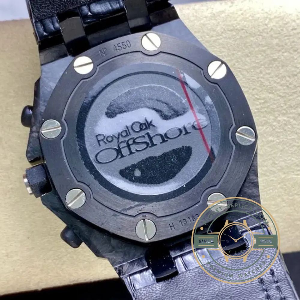 AP Royal Oak Offshore replica in 44mm forged carbon with yellow chronograph dial and black subdials
