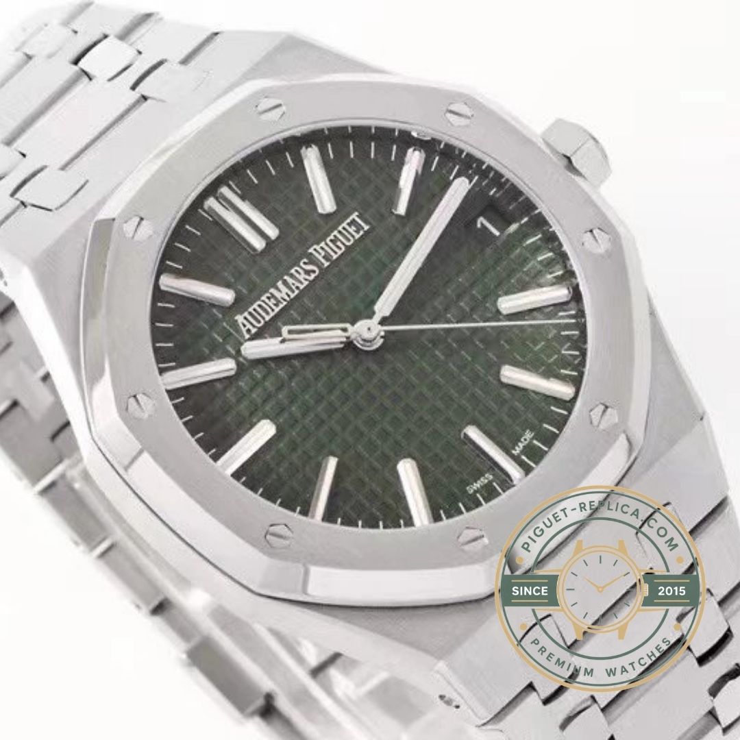 AP Royal Oak 15510ST replica watch with green dial and stainless steel bracelet