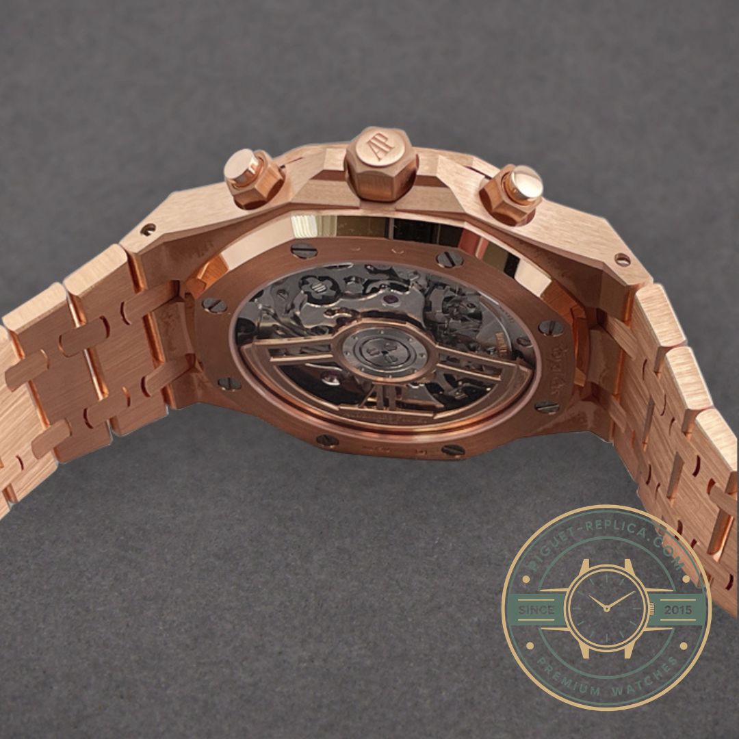 AP Royal Oak super clone 26240OR featuring a black Grande Tapisserie dial and rose gold bezel