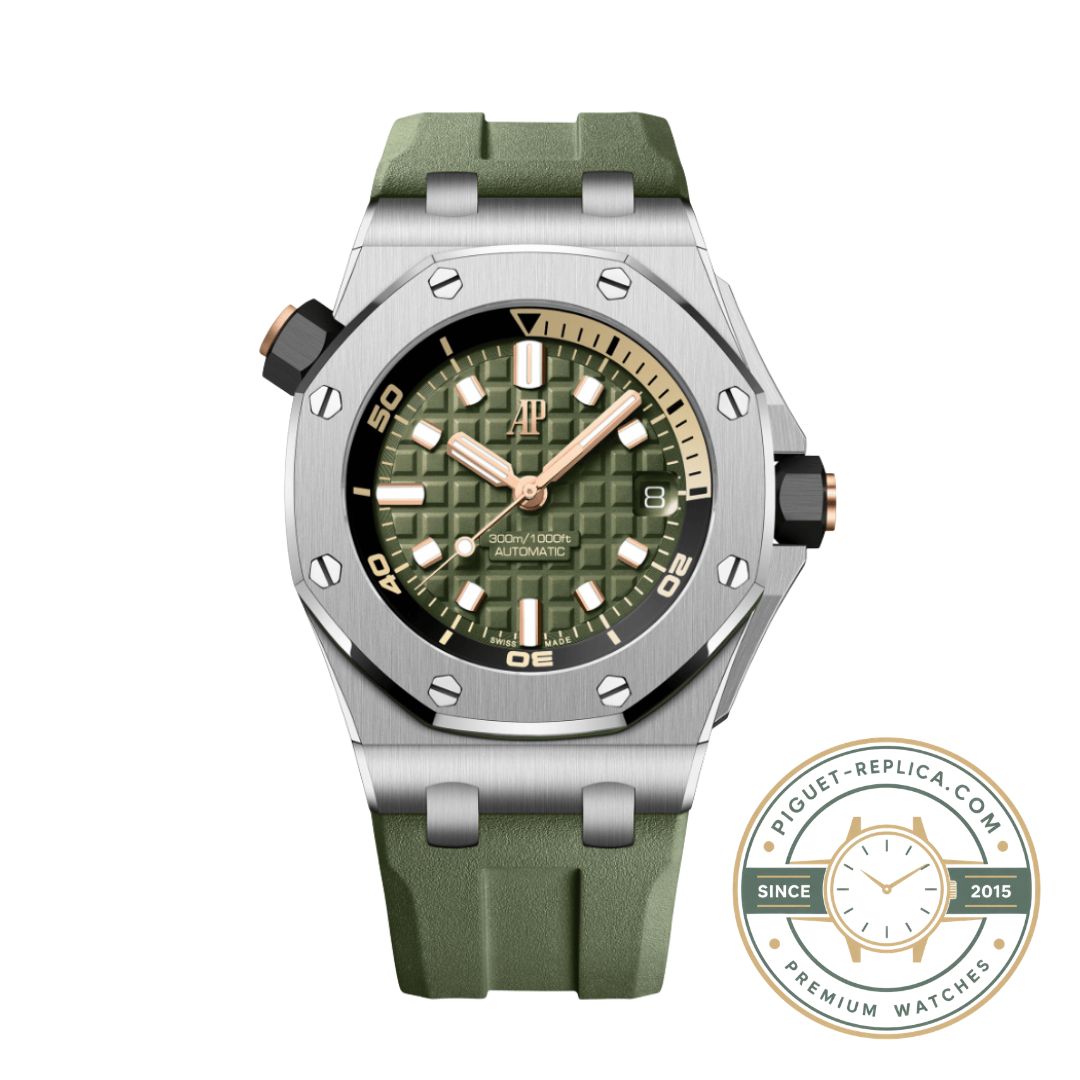 Replica AP watch 15720ST khaki green dial with Audemars Piguet Swiss replica style and luxury appearance