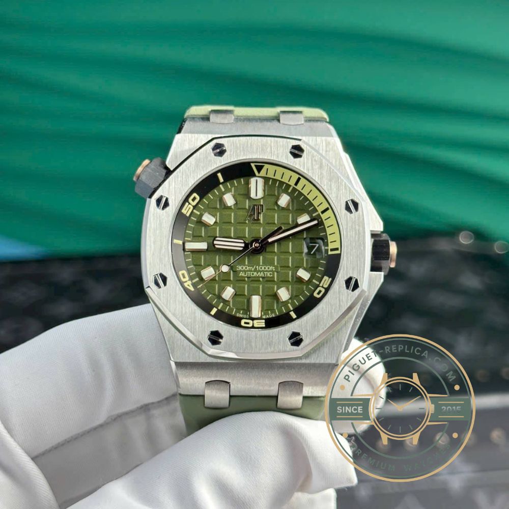 Royal Oak Offshore replica 42mm Audemars Piguet watch featuring khaki green dial and stainless steel case