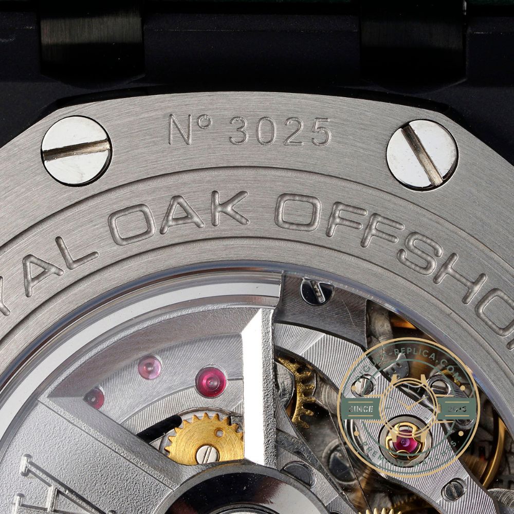 Royal Oak Offshore replica with a 44mm ceramic case, rich green dial and matching rubber strap
