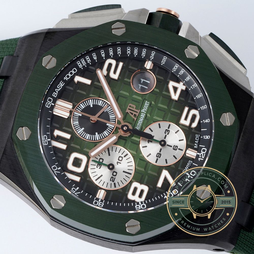 Audemars Piguet automatic replica Offshore watch with a green chronograph dial and date display