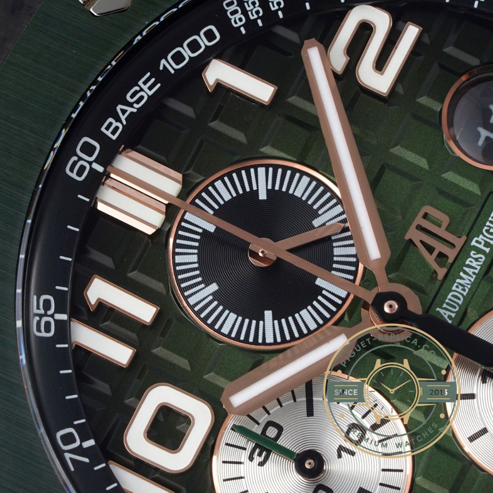 Audemars Piguet replica watch 26405CE with a 44mm black ceramic case and rich green dial
