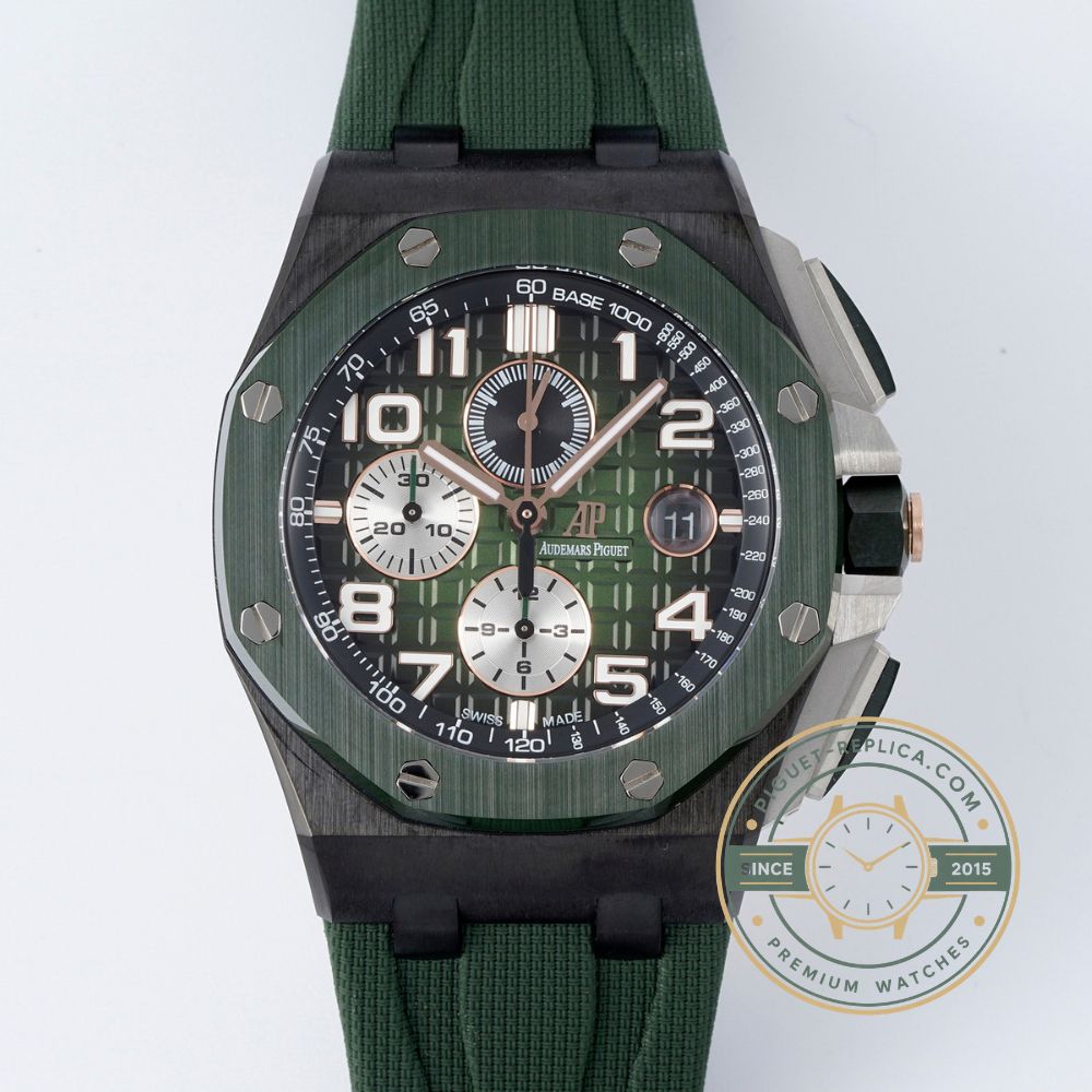 Replica AP watch 26405CE with a rich green Tapisserie dial, ceramic bezel and automatic chronograph