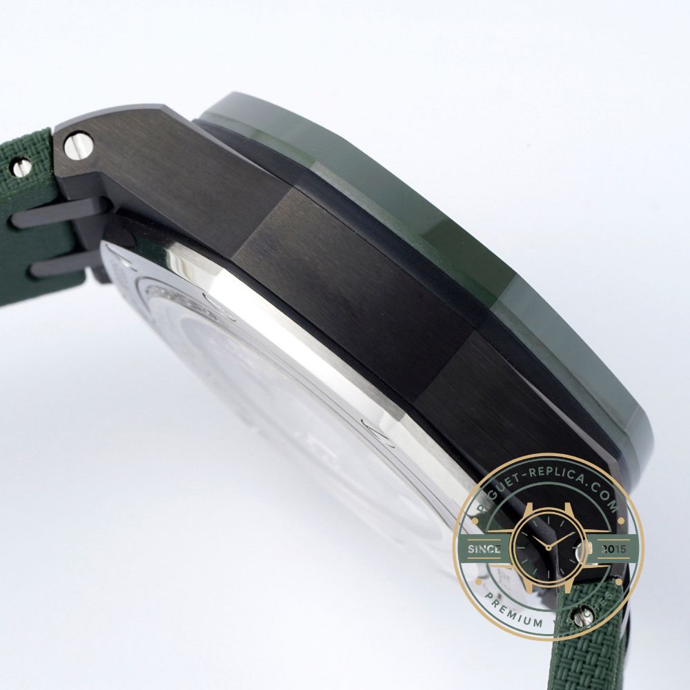 Audemars Piguet Royal Oak replica featuring a deep green Tapisserie dial and all-black ceramic case