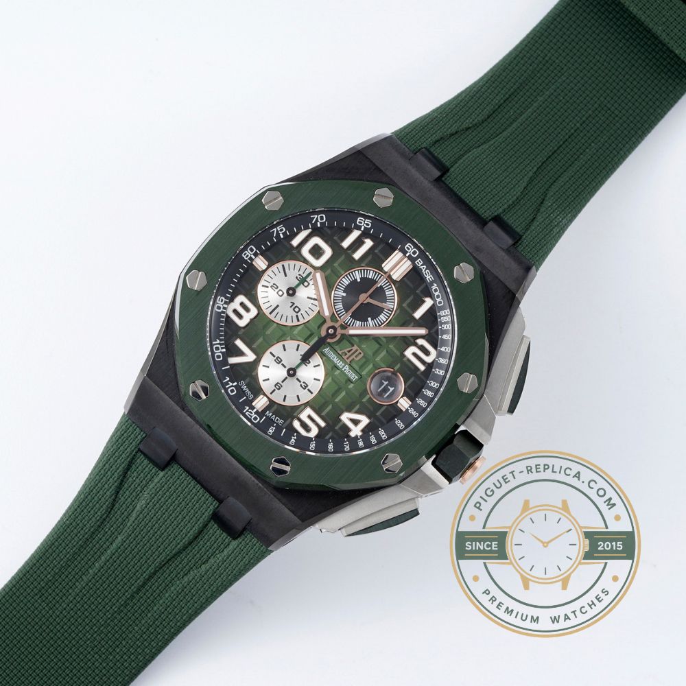 Piguet replica Royal Oak Offshore 26405CE with a rich green Tapisserie dial and black ceramic case
