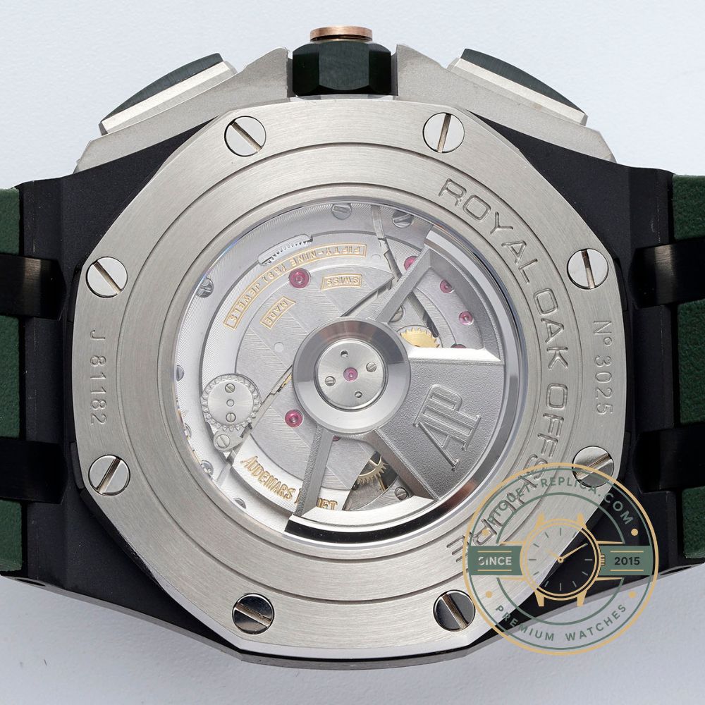 Replica Audemars Piguet Royal Oak Offshore with a deep green dial and black ceramic octagonal bezel