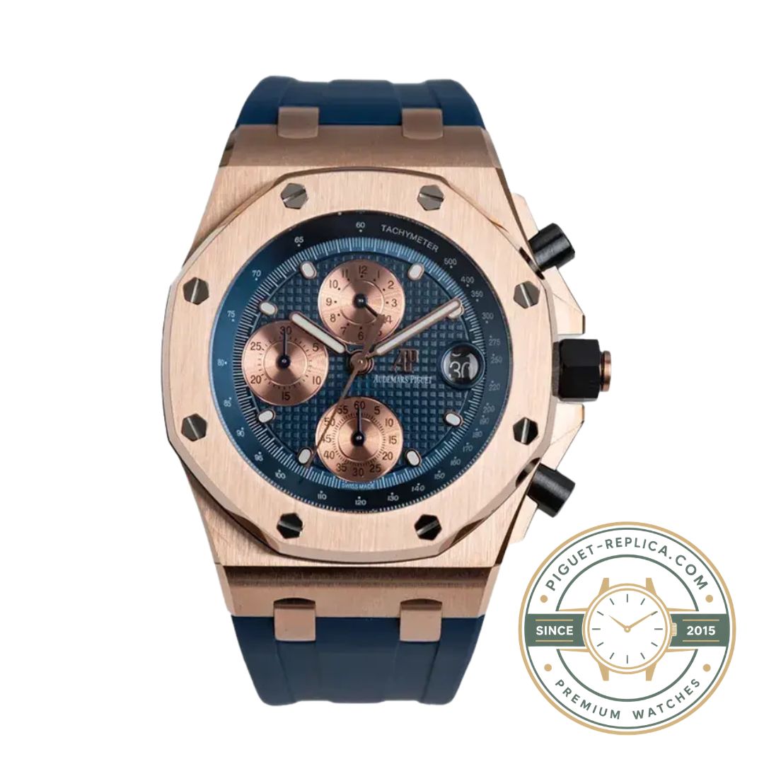 Audemars Piguet replica watch 26238OR with an automatic chronograph, date display and rose gold bracelet