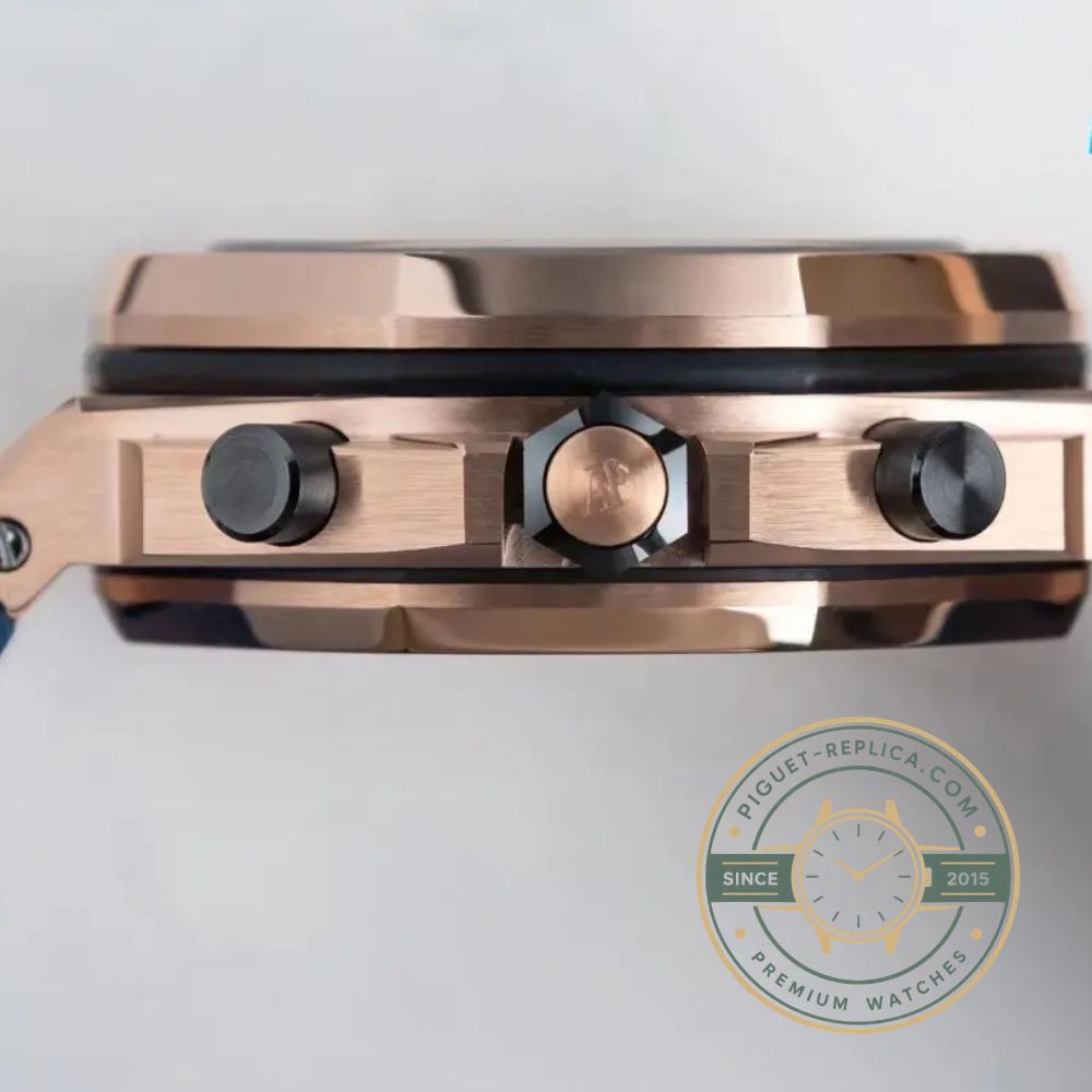 AP Royal Oak Offshore replica in 42mm with an 18K rose gold integrated bracelet and black ceramic octagonal bezel