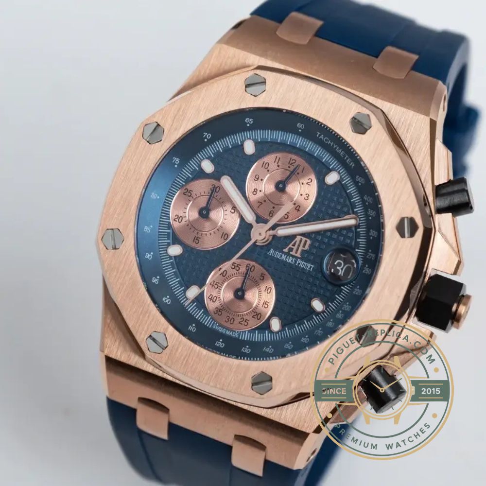 Audemars Piguet Offshore replica with a dark Méga Tapisserie dial, black ceramic bezel and rose gold construction
