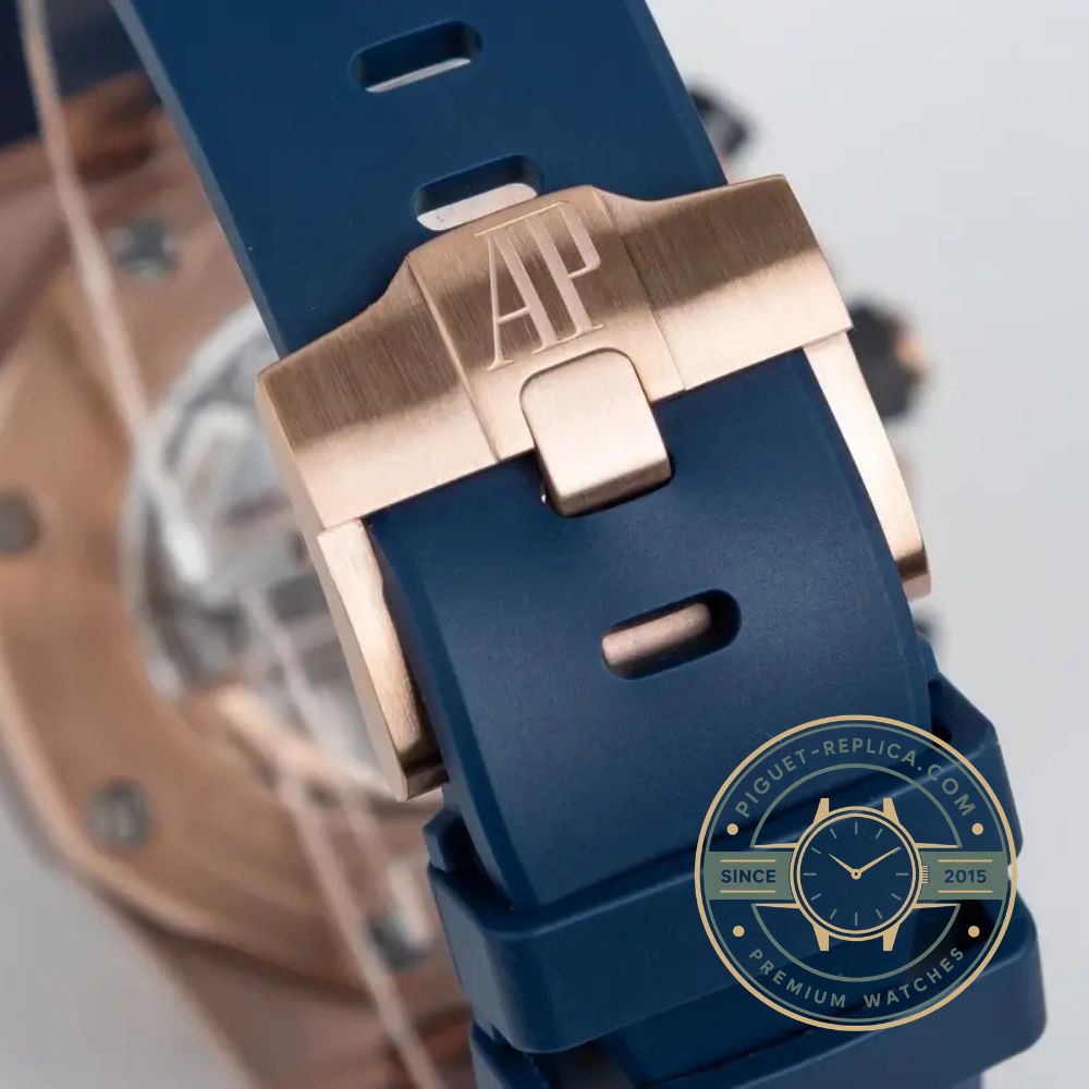 Super clone AP Royal Oak Offshore style watch with a rose gold case, dark dial and black ceramic bezel