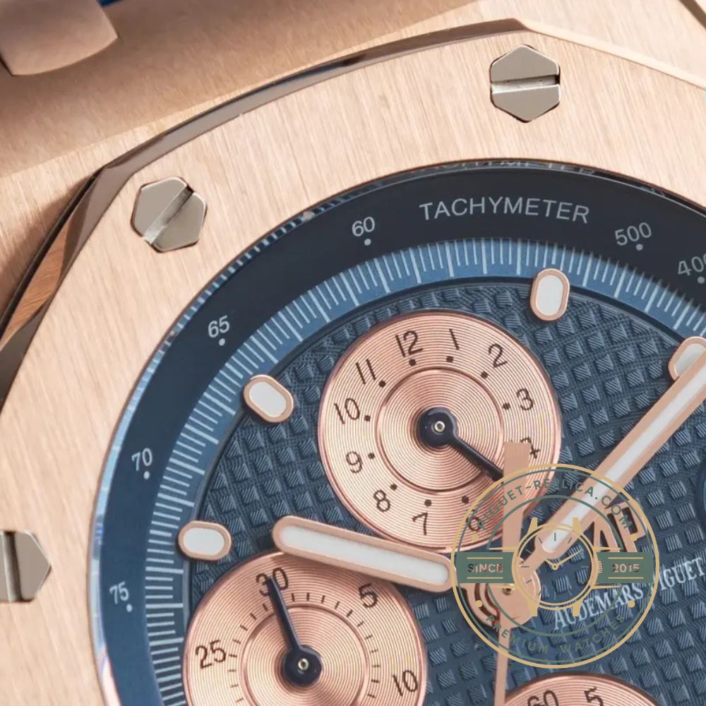 Royal Oak Offshore replica watch featuring a 42mm rose gold case, black ceramic bezel and dark Méga Tapisserie dial