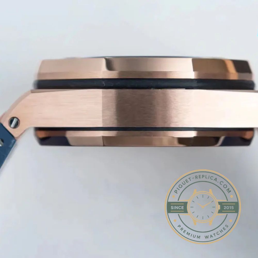 Royal Oak super clone style watch with a 42mm rose gold case, dark Méga Tapisserie dial and integrated gold bracelet