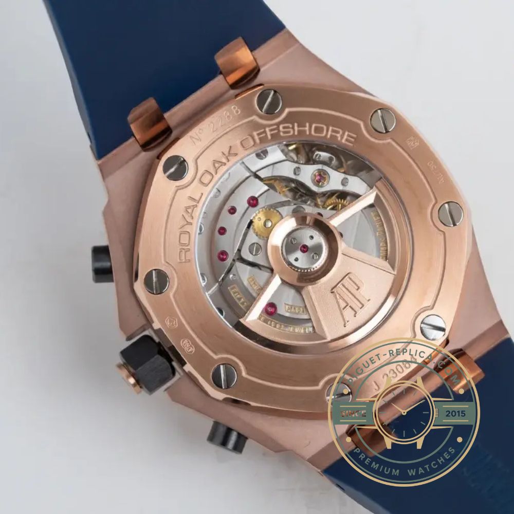 AP watch replica inspired by the Royal Oak Offshore with a rose gold bracelet, black ceramic bezel and automatic chronograph