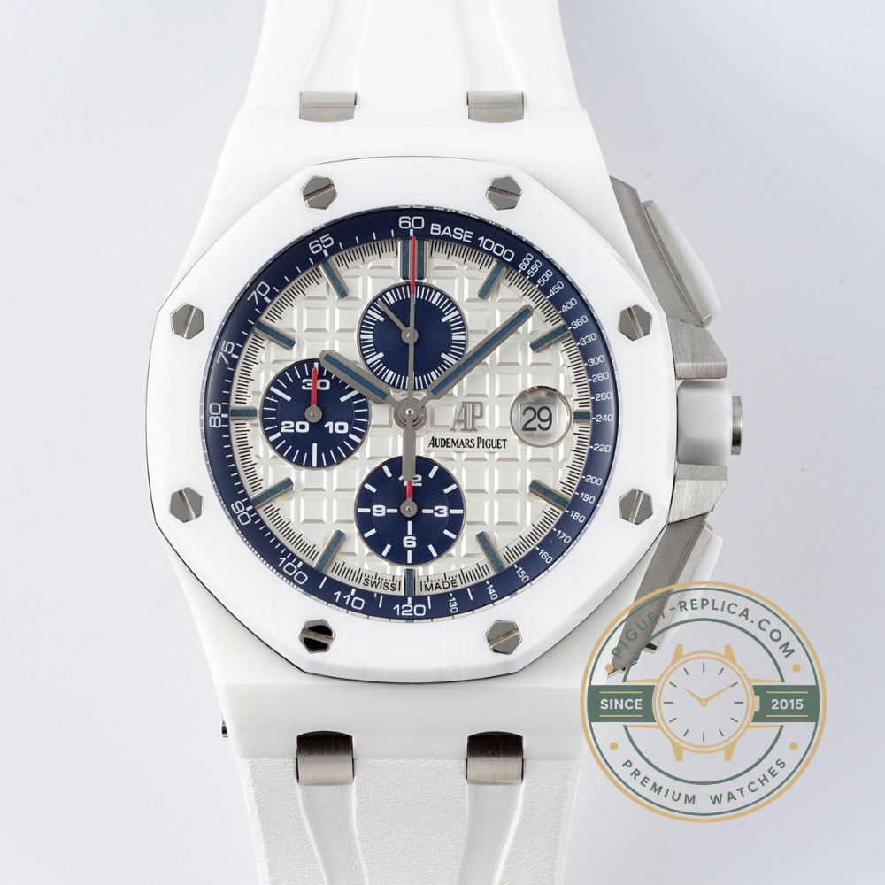 Royal Oak Offshore replica 26402CB with a silver-white dial, dark subdials and white rubber strap