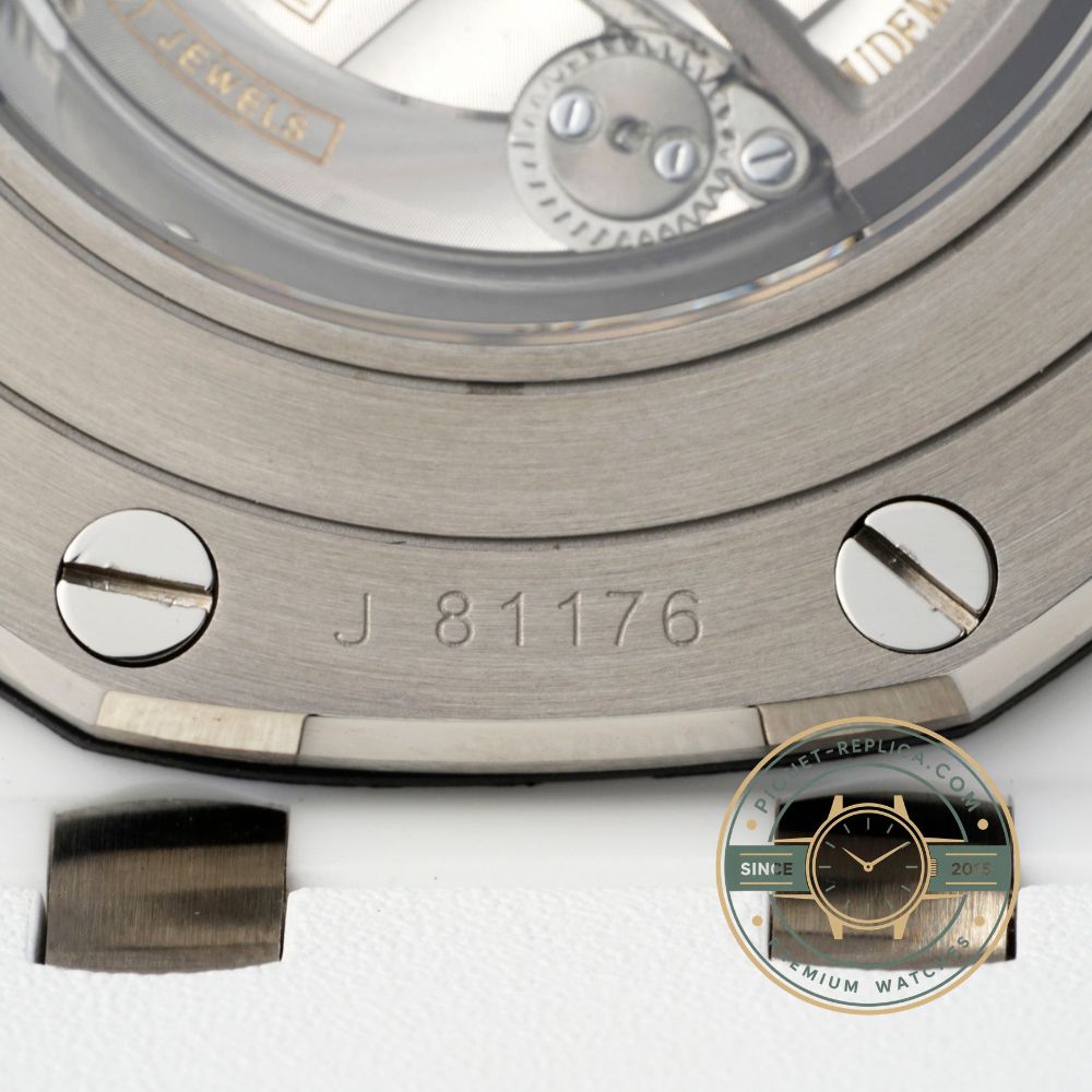 AP Royal Oak super clone style watch with a 44mm carbon case, white ceramic bezel and silver-white dial