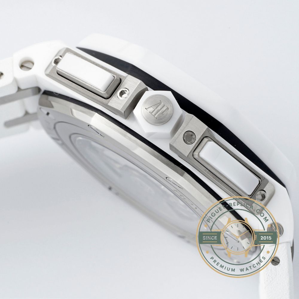 Audemars Piguet Swiss replica style Offshore 26402CB with a silver-white dial and white ceramic bezel