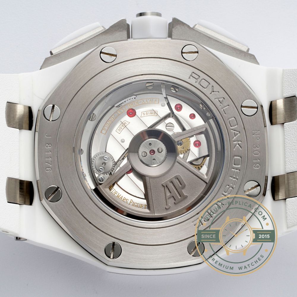 Audemars Piguet replica watch with a forged carbon composite case, white ceramic bezel and silver-white dial
