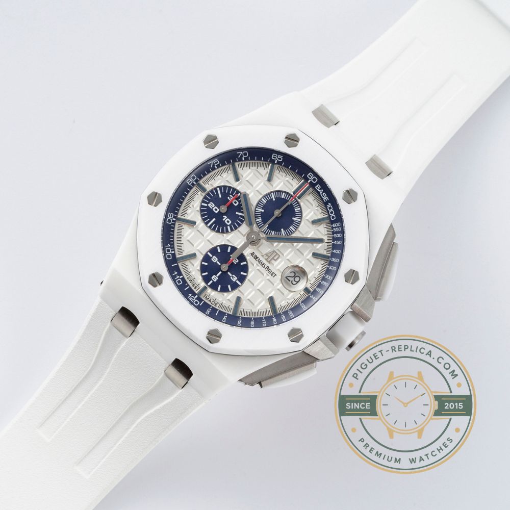Super clone Audemars Piguet Royal Oak Offshore 26402CB with a white and silver dial and white ceramic bezel
