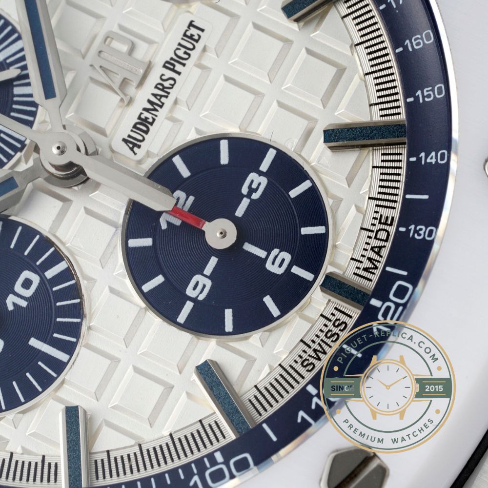 AP Royal Oak Offshore replica with a white ceramic bezel, dark carbon case and contrasting silver-white dial
