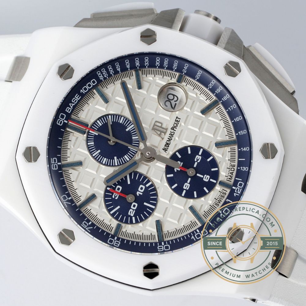 Audemars Piguet high quality replica with a forged carbon case, sapphire crystal and white rubber strap