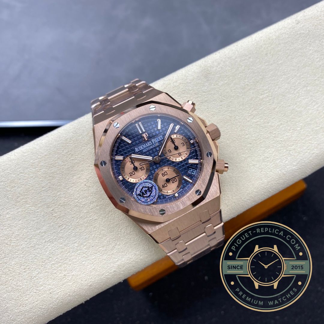 AP Royal Oak super clone 26331OR featuring a blue Grande Tapisserie dial and pink gold subdials