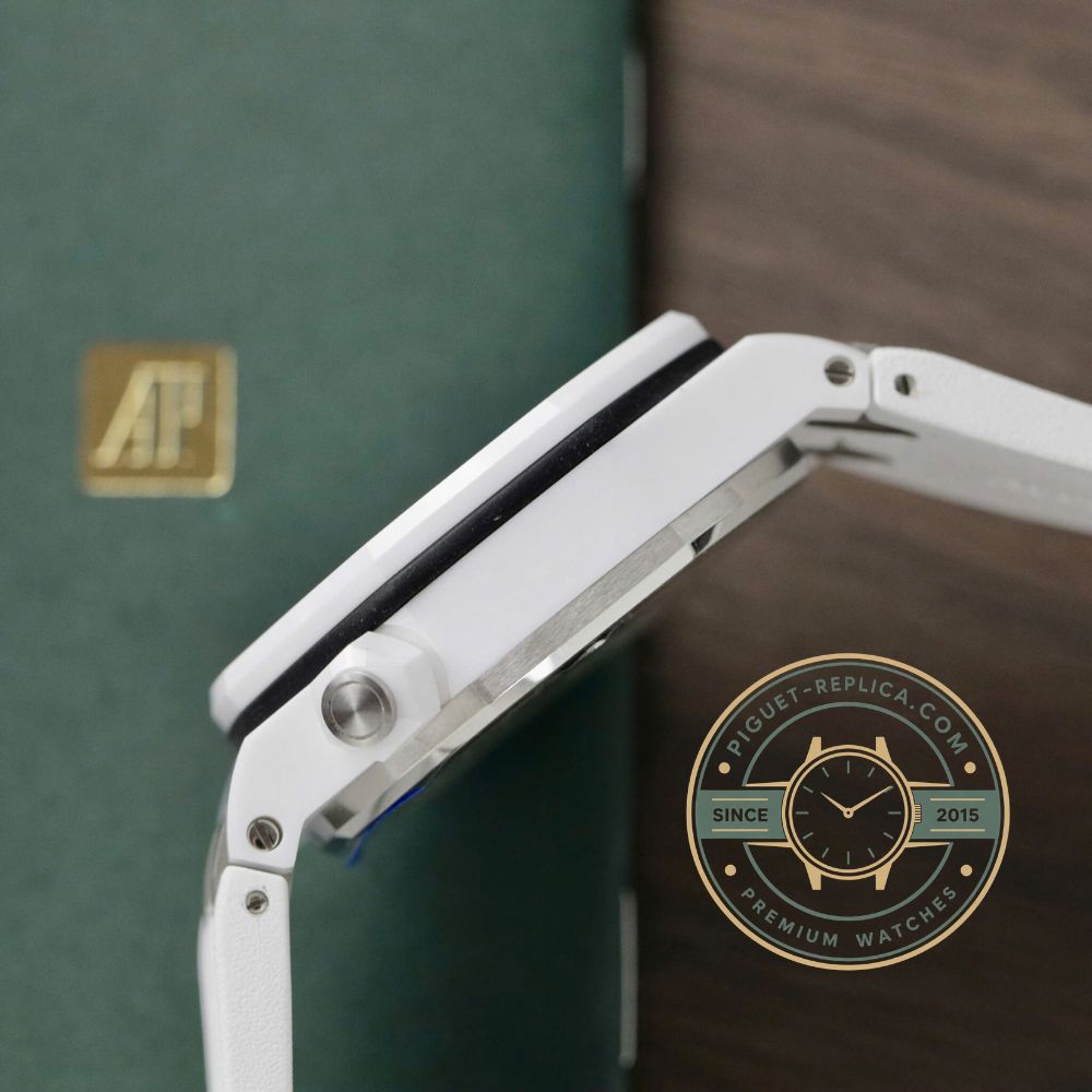 Audemars Piguet 15707CB replica AP watch close-up showing white dial details