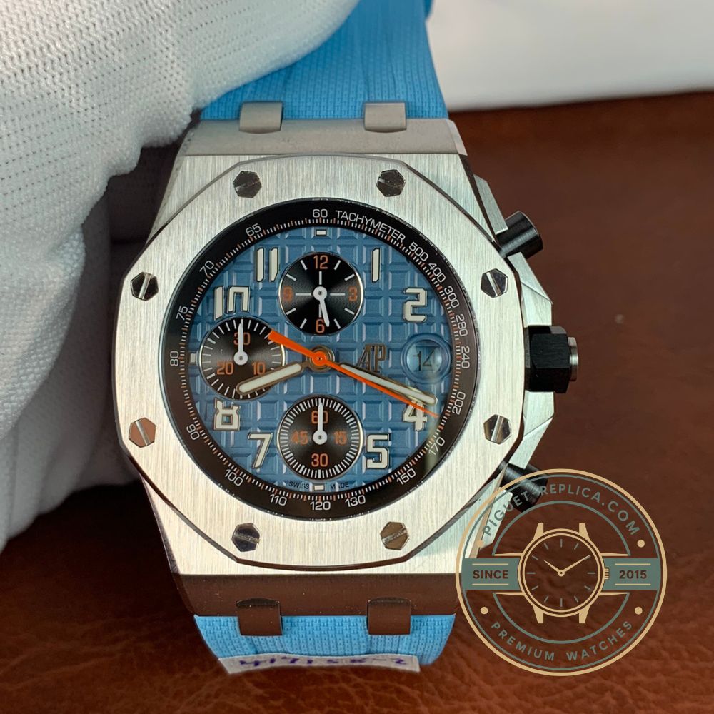 Audemars Piguet Offshore replica with sky blue dial, sapphire crystal and black ceramic octagonal bezel
