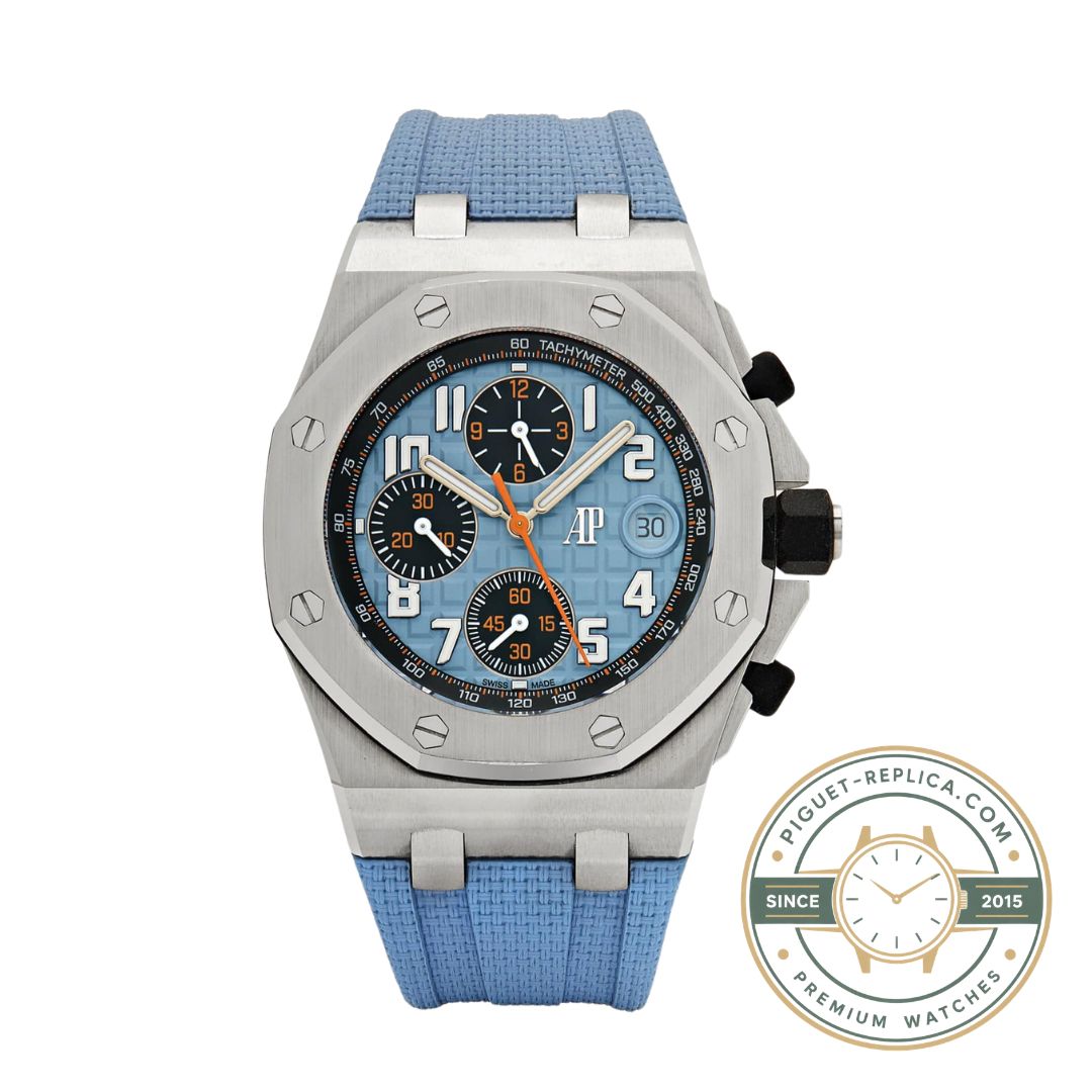 Audemars Piguet replica watch 26238ST with sky blue dial, automatic chronograph and rubber strap