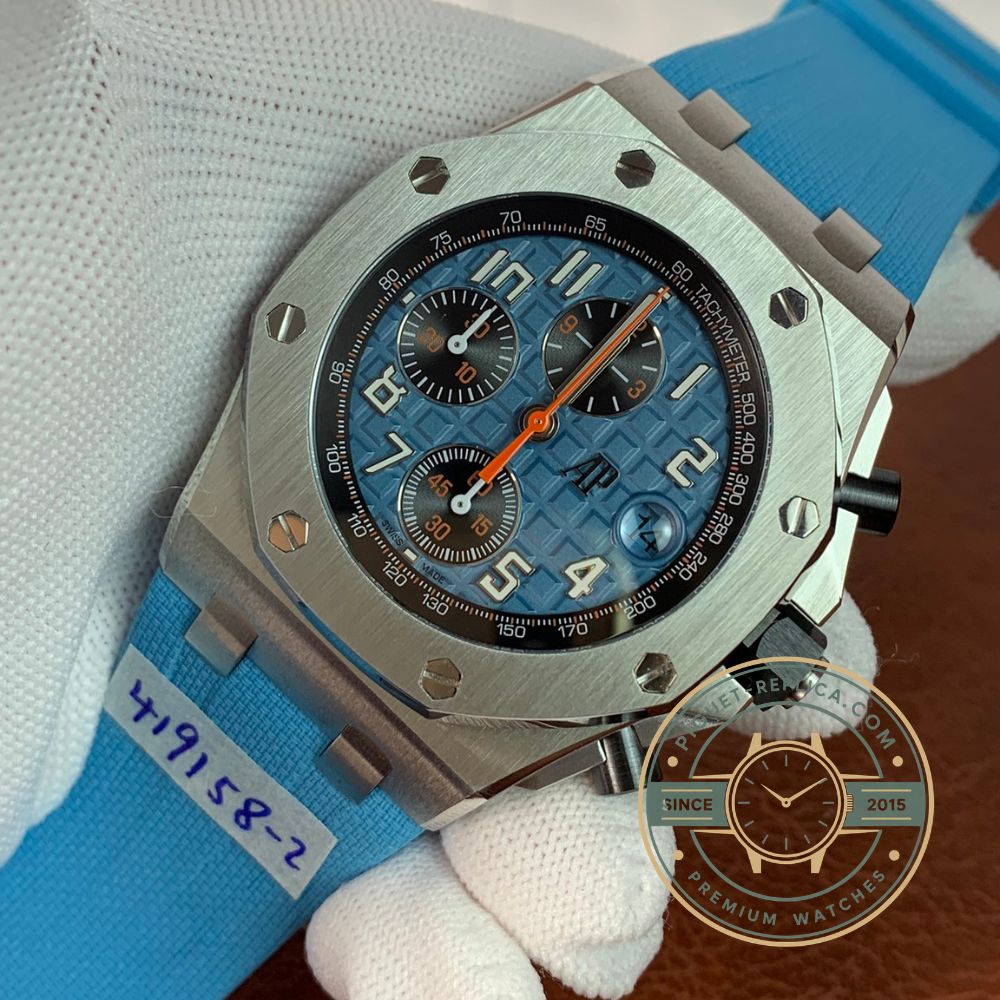 Super clone AP Royal Oak Offshore style watch with a 42mm stainless steel case, sky blue dial and black ceramic bezel