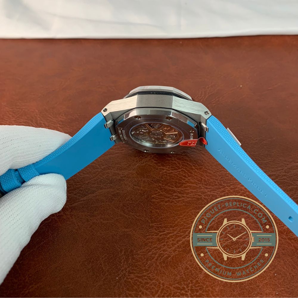 AP watch replica inspired by the Royal Oak Offshore with a sky blue dial, black chronograph registers and steel case