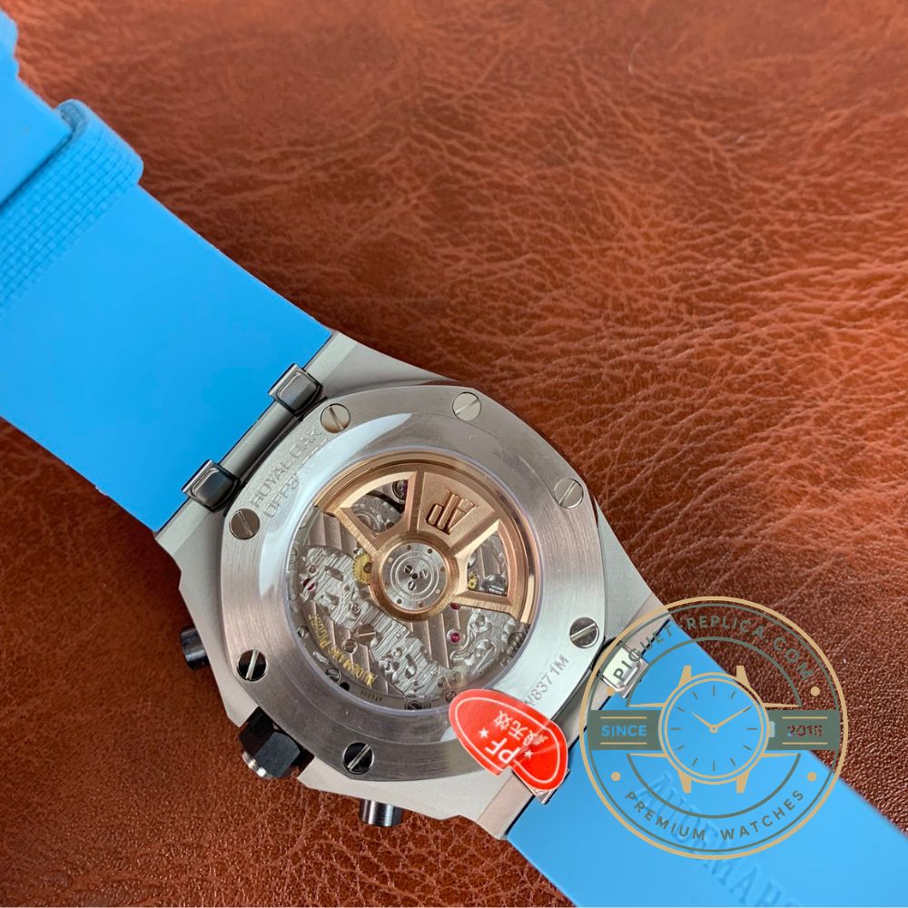 AP Royal Oak Offshore replica in 42mm stainless steel with a sky blue chronograph dial and black ceramic bezel
