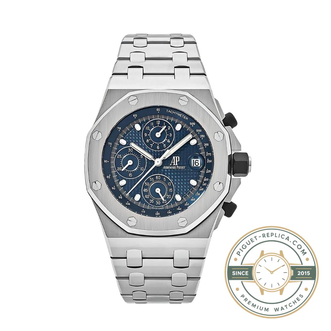 Audemars Piguet replica watch 26238ST with a deep blue dial, automatic chronograph and stainless steel bracelet