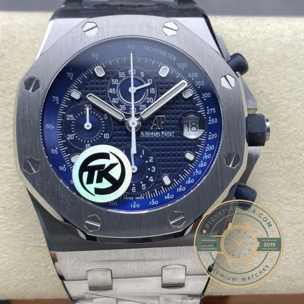 AP watch replica inspired by the Royal Oak Offshore with a deep blue chronograph dial and stainless steel construction
