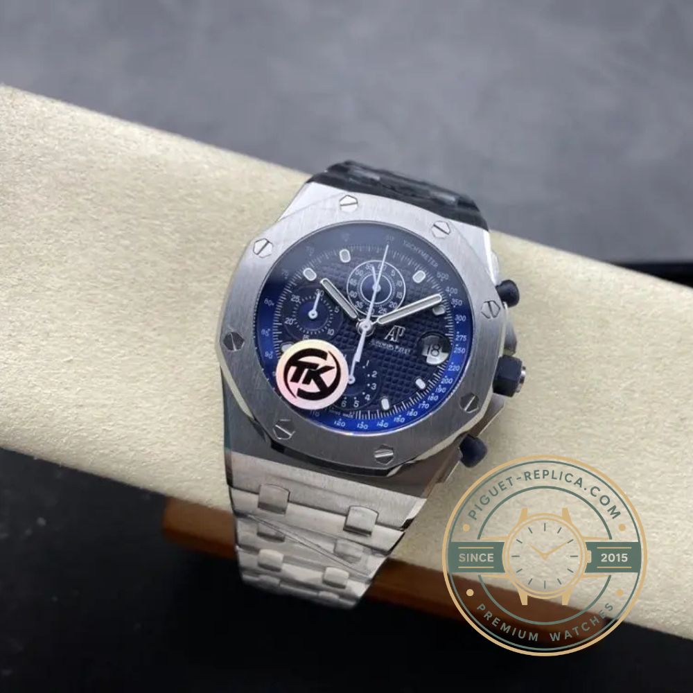 Replica Audemars Piguet Royal Oak Offshore blue chronograph watch with date display and automatic movement