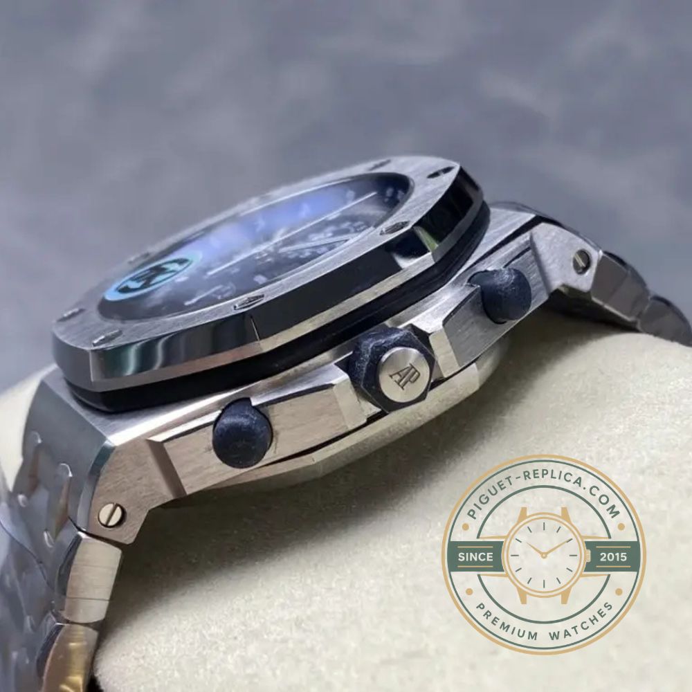 Royal Oak super clone style watch with a deep blue Méga Tapisserie-inspired dial, 44mm steel case and integrated bracelet