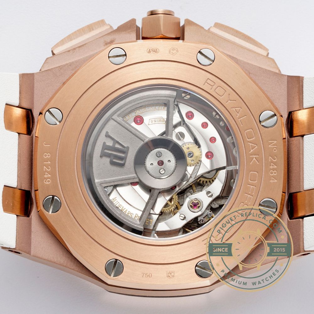 Royal Oak Offshore super clone 26408OR with a white three-register chronograph dial and rose gold case